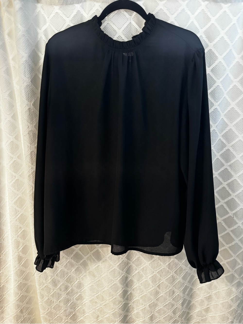 Black Ruffled Neck Long-Sleeve Blouse